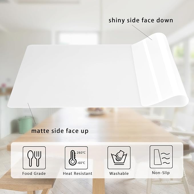 Silicone Placemats, Food-Grade Non-Slip Waterproof, Dining, Stain Resistant, Countertop Protector, Kitchen Counter Mat, Heat Resistant, Baking mat Dishwasher Safe (25.6"×17.7"-1p Thicken, Translucent)
