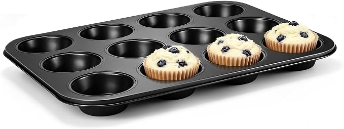 E-far 12-Cup Muffin Pan Tin, Nonstick Carbon Steel Cupcake Pan Tray | Metal Bakeware Muffin Baking Tins for Oven, Standard Size, Ideal for Muffins, Cake Tart, Brownies, Easy Clean & Non-toxic