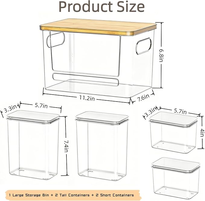 5-in-1 Under Sink & Pantry Storage Organizer Set | Bamboo lid trash bag dispenser, clear acrylic laundry pods container; fits kitchen pantry, laundry room & under sink storage