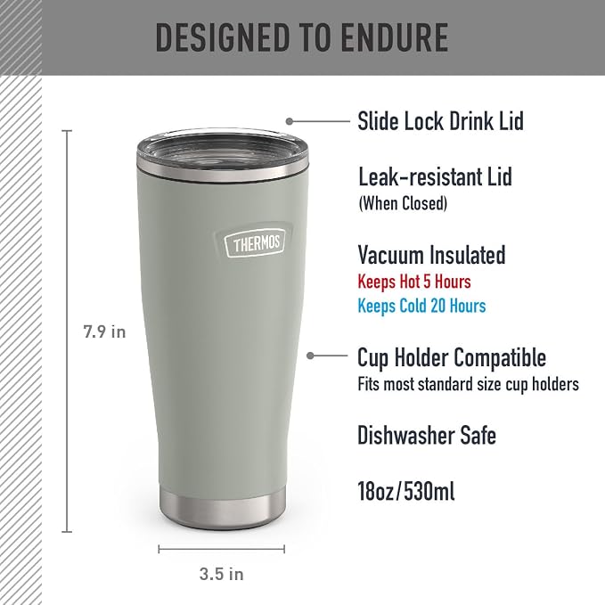 THERMOS ICON SERIES, Stainless Steel Tumbler with Slide Lock, 18 Ounce, River Rock