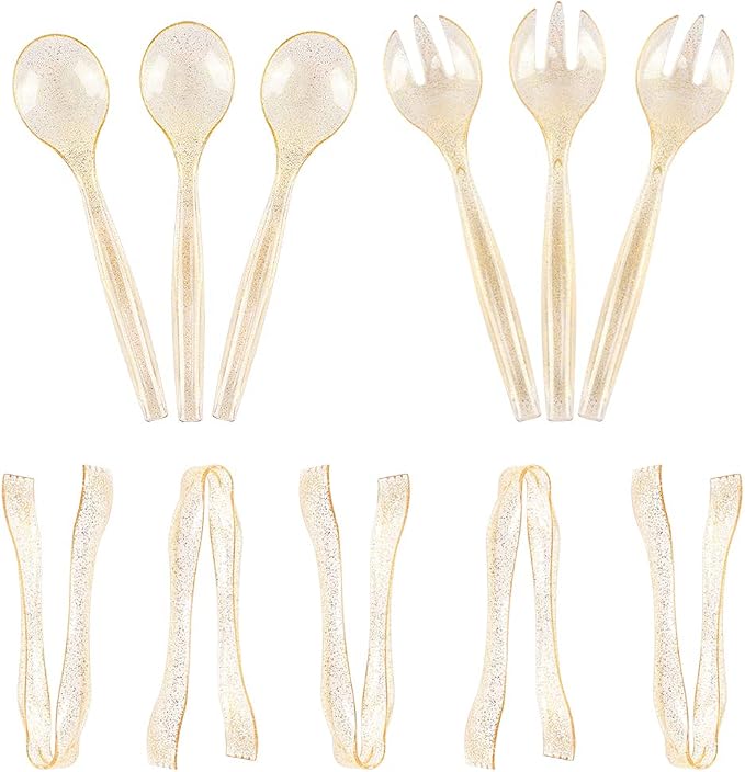 72pcs Gold Glitter Plastic Serving Utensils Set for Party &Buffet | 24 Serving Spoons(10"), 24 Forks (10")& 24 Tongs(6"), Clear Gold Disposable Serving Utensils for Weddings, Birthdays