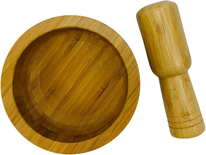 5 Inch Bamboo Mortar and Pestle Set, Wooden Herb Grinder Bowl for Garlic Ginger Spices Seeds Pepper Coffee, Manual Spice Crusher Grinding Bowl