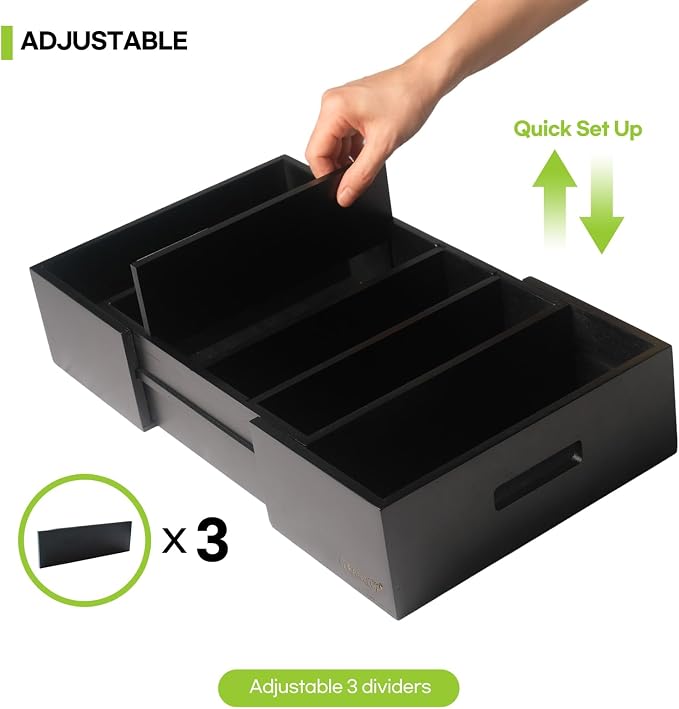 Expandable Bamboo Kitchen Cabinet Organizer for Food Container Lids Holder | Adjustable drawer organizer with 3 dividers for food container lids, bamboo lid organizer for kitchen cabinet lid storage