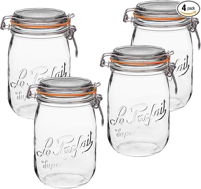 Le Parfait Super Jar 1L (32oz) Glass Canning Jar, Wire Bail Lid, 4 Pack | Airtight rubber seal for canning, preserving pickles, sauces and whole fruit, fermentation and pantry storage; Made in France