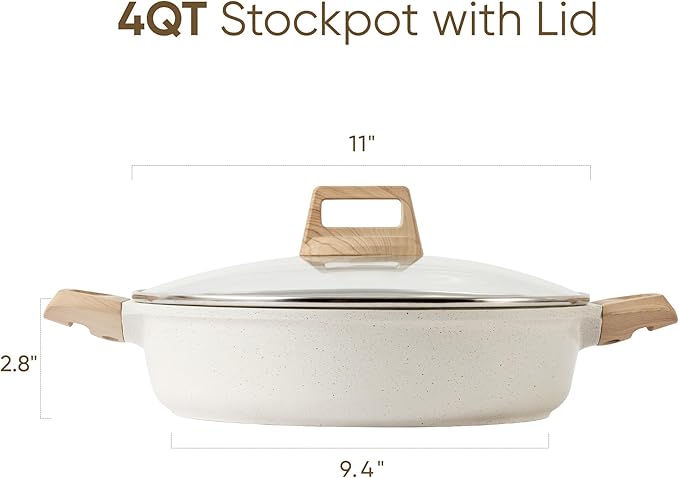 CAROTE Nonstick Stock Pot with Lid,4 Quart Shallow Soup Pot | Kitchen Casserole Compatible with All Stoves, Non Stick Cooking Pot, Cookware for Boiling, Simmer PFOA Free, White Granite