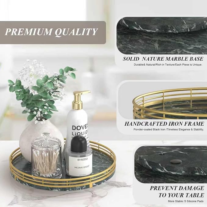 AMH 10-Inch Green Marble Lazy Susan with Gold Frame | Smooth rotating oak tray with walnut finish for dining tables, kitchen counters, pantries and cabinet storage.