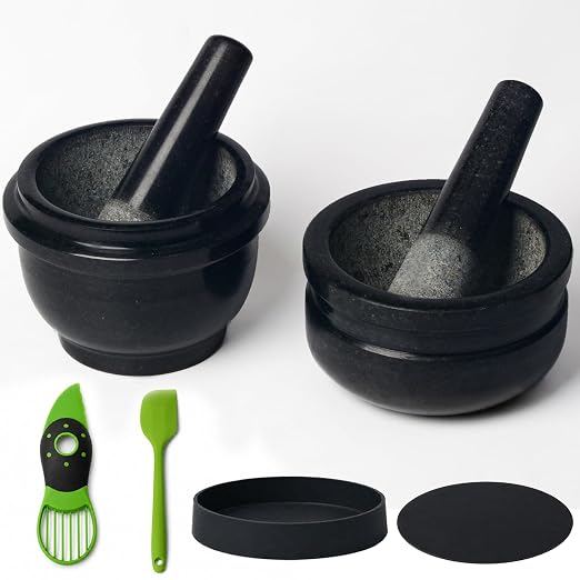 HITROCK Granite Mortar and Pestle 2 Sets, 6 Inch Heavy Duty Stone Grinder Bowl with Silicone Anti-Slip Base & Handle Protector, for Guacamole, Salsa, Pesto, Spices, 2.3 Cup & 3.2 Cup Capacity, Black