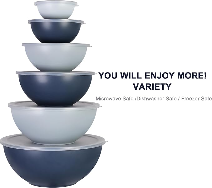 BoxedHome BPA Free Plastic Round Mixing Bowl with Lids, 12 Pack Nesting Bowls with Lids Set, Microwave and Dishwasher Safe Prep & Serving Bowls Great for Mixing, Baking, Serving (Haze Blue, 12pcs)