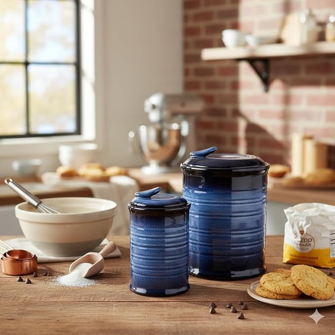 Nihow Food Storage Jar,Ceramic Canister Sets for The Kitchen,Set of 2,Blue | Air Tight Lid,Seal Damp-proof,For Flour/Sugar/Rice/Coffee/Cookies/Candy,Kitchen Counter Canister/Dishwasher Safe