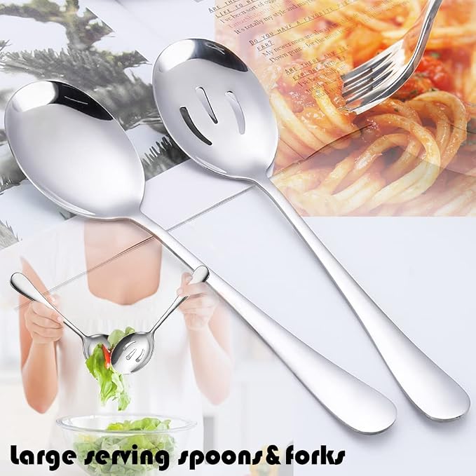 8 PCS Stainless Steel Serving Utensils, Large Serving Spoons Slotted Spoons, Forks, Ice Suger Tongs, Cake Server, Soup Ladle, Metal Utensils Set Great for Buffet Catering Banquet Party, Silver