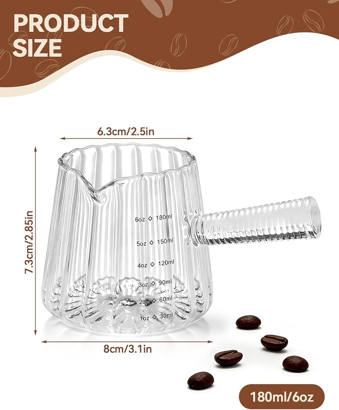 2 PCS Espresso Measuring Cup 6 Oz, Espresso Glass Cups with Glass Handle, Milk Frothing Cup, Espresso Cup for Coffee, Milk, Tea or Maple Syrup Serving (Pure Transparent Color)