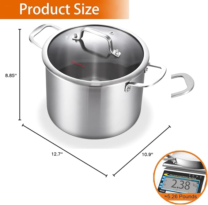 DELARLO Tri-ply Stainless Steel 8 Quart Heavy Duty Induction Stock Pot | Soup Pot with Lid, 18/10 Induction Big Stockpot with Lids, Large Stainless Steel for Cooking, Up to 600℉
