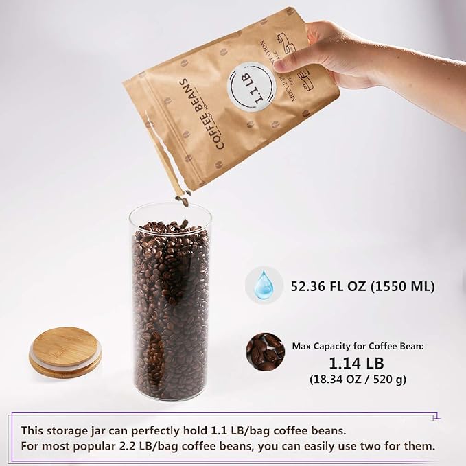 Glass Coffee Bean Container, 52.36 FL OZ (1550 ML), [Thickened Version] Glass Food Storage Jar with Airtight Seal Bamboo Lid - Clear Food Storage Canister for Serving Tea, Coffee, Spice and More