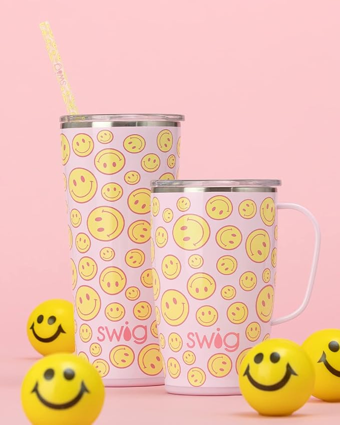 Swig Life 18oz Insulated Travel Mug with Handle & Lid, Oh Happy Day | Triple Insulated Stainless Steel - Handle & Lid Included - Keeps Coffee Hot or Cold - Cup Holder Friendly