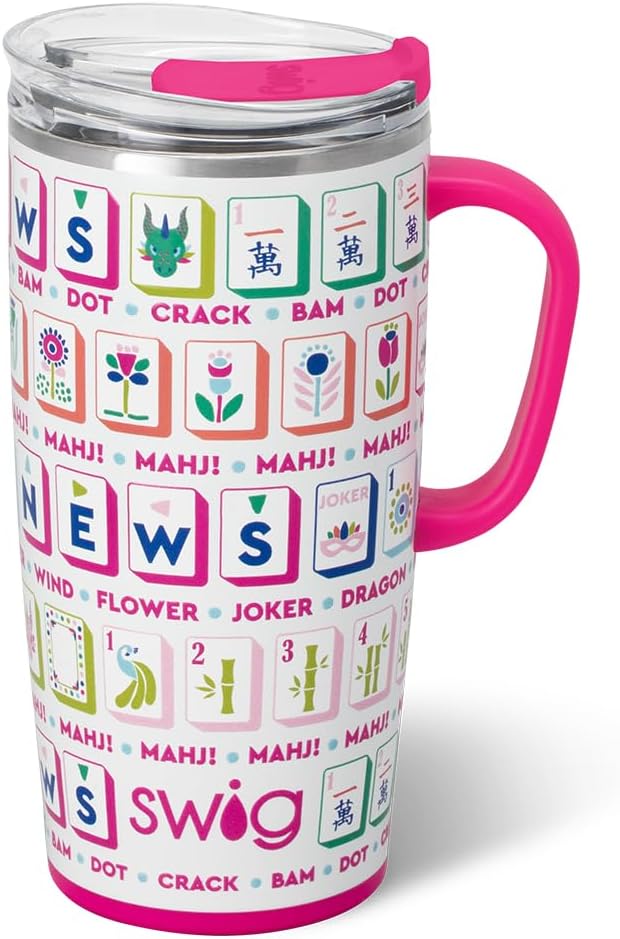 Swig Life 22oz Insulated Travel Mug with Handle & Lid, Mahjong | Triple Insulated Stainless Steel - Handle & Lid Included - Keeps Coffee Hot or Cold - Cup Holder Friendly