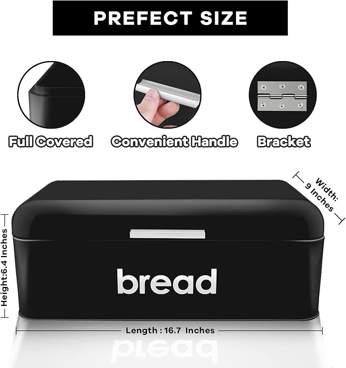 E-far Vintage Bread Box for Kitchen Countertop, Black Metal Bread Storage Container Retro Bread Bin for Pastries/Loaves/Dry Food, Large Capacity & Modern Design (16.7” x 9” x 6.4”)