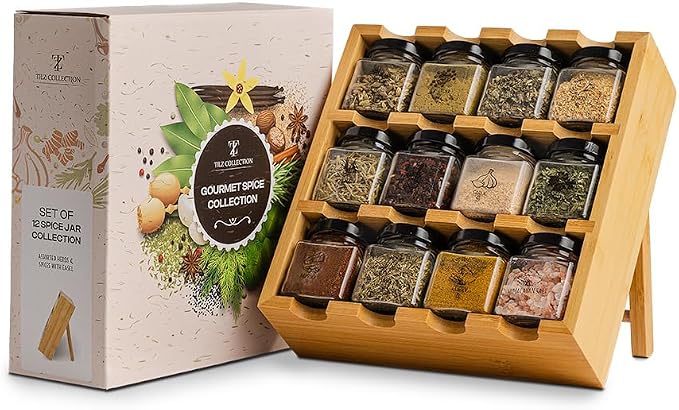 TILZ GEAR Wooden 3-Tier Spice Rack, 12 Filled Glass Jars, 12 Organic Spices Included, Brown