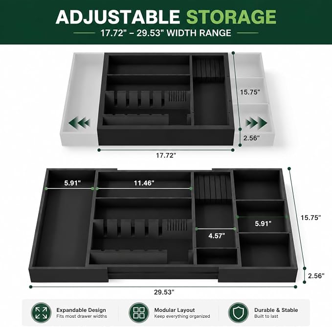 Bamboo Expandable Kitchen Drawer Organizer, 17.7-29.5 in,Black | 5-8 detachable slots, equipped with dedicated tool slots for butter knives, storing tableware and saving space