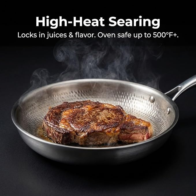10" Titanium Frying Pan with Lid, Non-Stick Hammered Skillet | 3-Ply Heats Fast & Evenly, PFAS/PFOA/PTFE Free, Scratch-Resistant, for Induction & Gas, Oven-Safe to 500°F, Dishwasher Safe