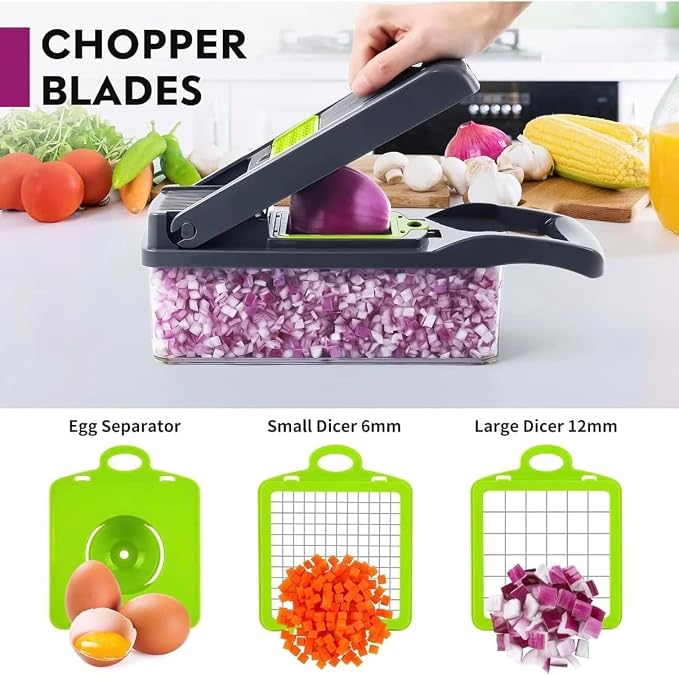 Vegetable Chopper 12-in-1 Multifunctional Food Chopper with 7 Blades, Veggie, Food, Onion Chopper, Cucumber Slicer, Versatile Mandoline, Includes Egg Separator & Finger Guard