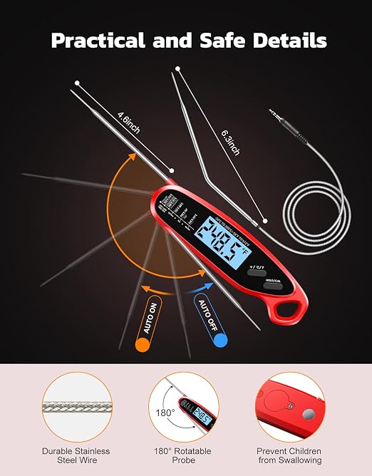 Instant Read Meat Thermometer Digital with Dual Probe | Large Backlit, Calibration, Food Thermometer for Cooking, Grilling, Smoker, BBQ, Candy, Oil Fry, Kitchen, Gifts for Men