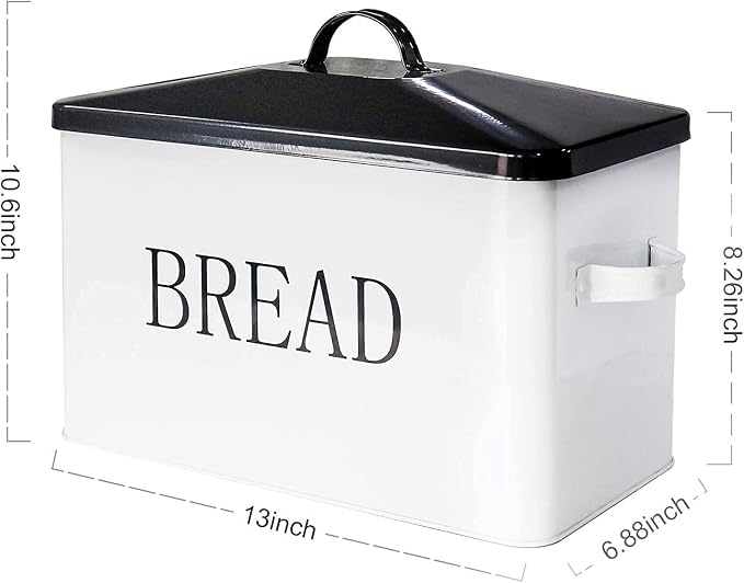 SOTECH Metal Bread Box with Lid for Kitchen Countertop Large Bread Bin kitchen Bread Food Snacks Storage Container Farmhouse BreadBox Grey Lid White Body with Side Handles