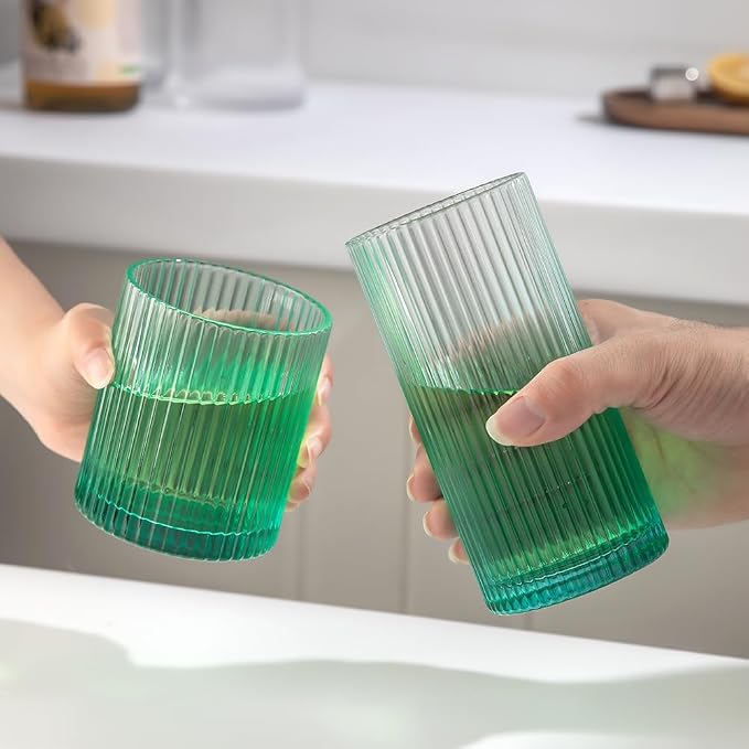 Ribbed Drinking Glasses 8pcs, 12oz and 10oz Glassware, Tumbler Glasses Cup Set for Wedding, Party, Christmas Gift, Green
