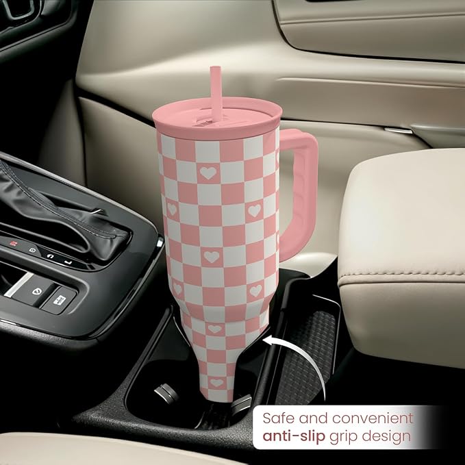 40oz Checkered and Heart Tumbler with Handle and Straw - Insulated Stainless Steel Travel Coffee Mug for Women Girls, Gift for Birthday, Christmas