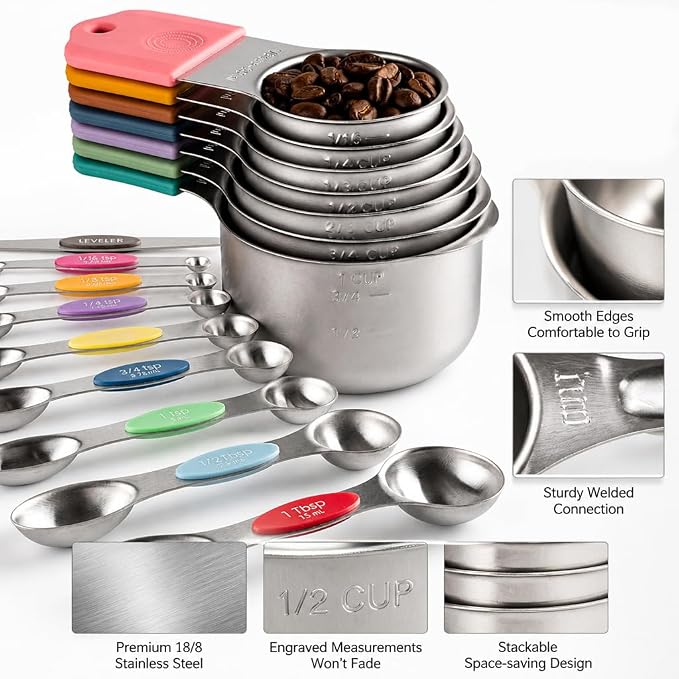 16Pcs 304 Stainless Steel Measuring Cups Spoons Set Color Silicone Handle Magnetic Stackable Baking Measuring Tools