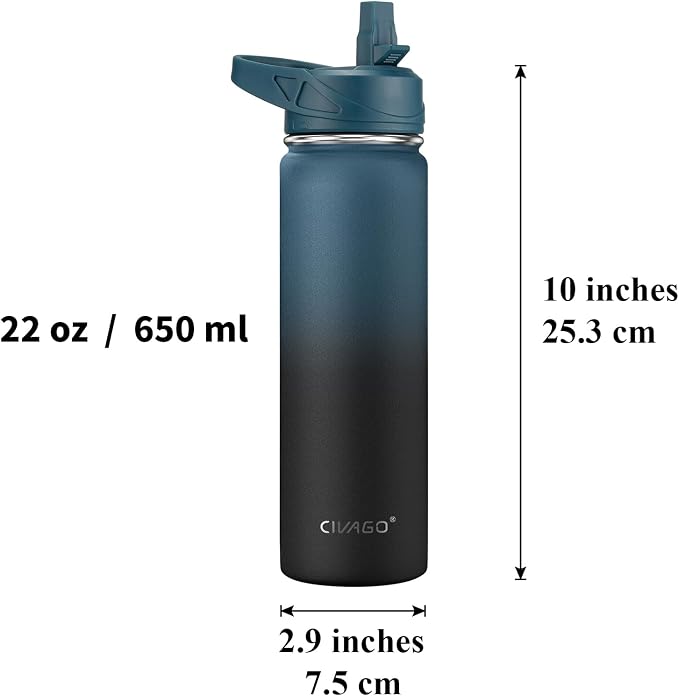 CIVAGO 22 oz Insulated Stainless Steel Water Bottle With Straw and 3 Lids | Large Metal Sports Water Jug, Leakproof Reusable Wide Mouth Thermal Flask Cup with Silicone Boot, BPA-Free, Black