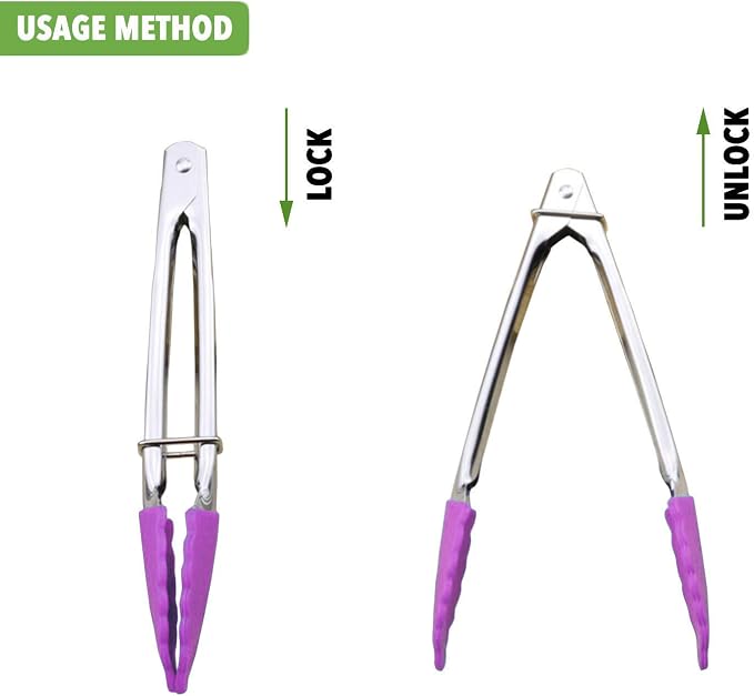 HINMAY 7-Inch Stainless Steel Tongs with Silicone Tips, Set of 3 (Purple) | 7-Inch Locking Metal Food Tongs