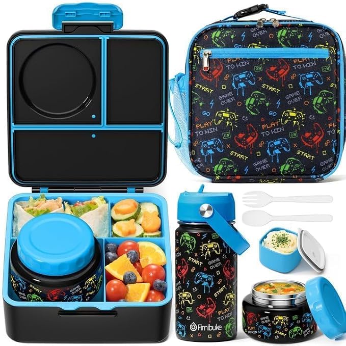 Fimibuke Bento Box for Kids Adult - Leakproof 3-4 Compartments Lunch Bento Box Set with Insulated Food Jar, Water Bottle, Lunch Bag, Sauce Cup & Cutlery for Toddler Teen Shcool Girl Boy Age 3+