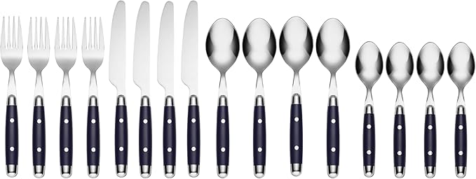 Cambridge Jubilee Blue 16-Piece 18/0 Silverware Set for 4, Flatware | blue, dishwasher safe | includes knives, forks, and spoons | heavy duty, cutlery set for kitchen and dining, utensil set