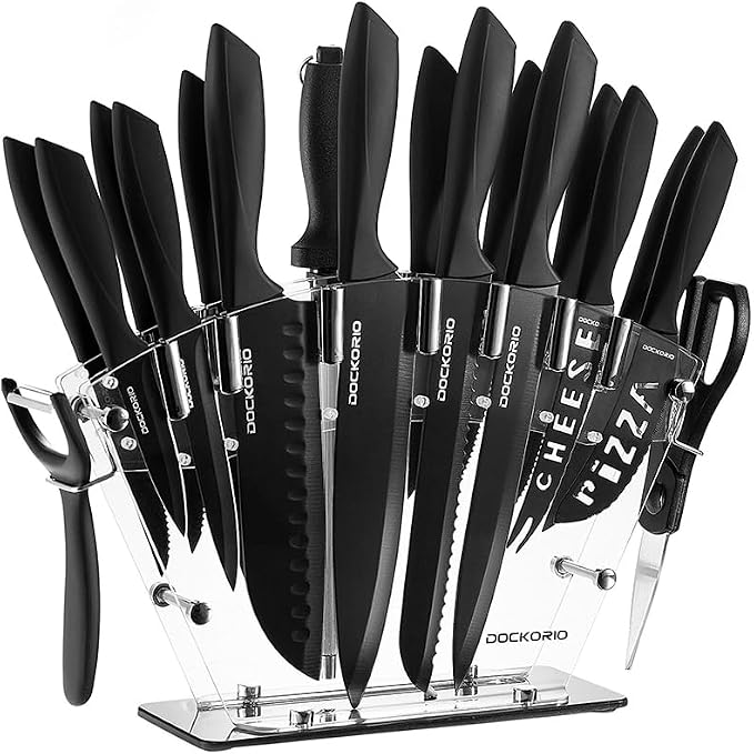 Kitchen Knife Set 19 Piece with Block High Carbon Stainless | 19 piece black knife set with block, high carbon stainless steel, steak knives, chef knife, bread knife, scissors & sharpener