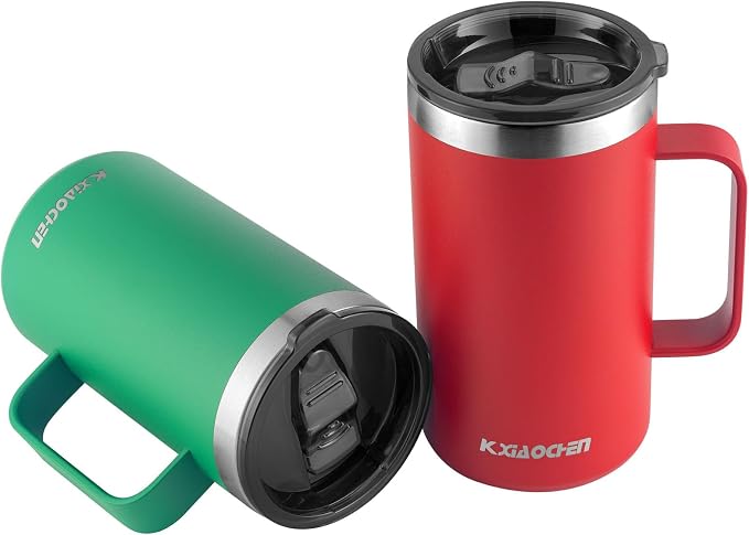 KXIAOCHEN 2-Pack 20 oz Insulated Coffee Mugs, Coffee Cups with Wide Handles | 18/8 stainless steel, sliding lids, 6+ hours hot or 12+ hours cold, wide mouth, no-sweat, for office, home, camping and gifts