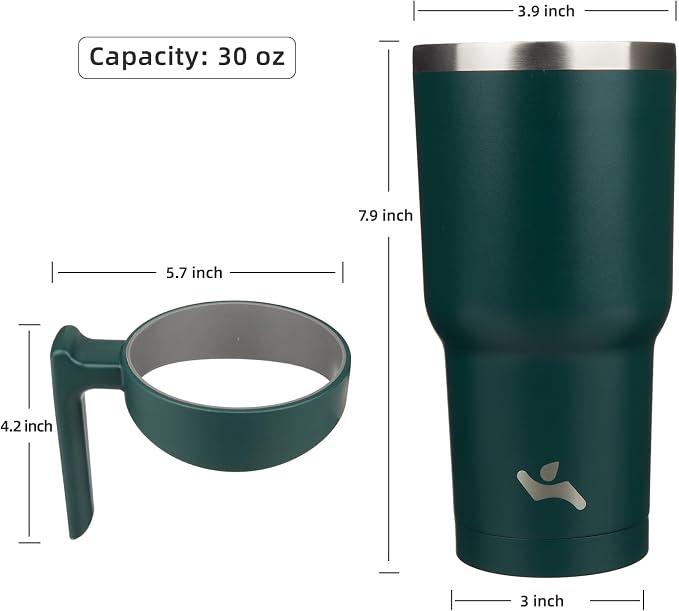 Konokyo 30 oz Tumbler with Handle and Straw, Insulated Travel Mug | Army Green; BPA-free, leak-proof tumbler with 2 lids, 2 straws, cup holder fit for coffee, office, travel & daily use