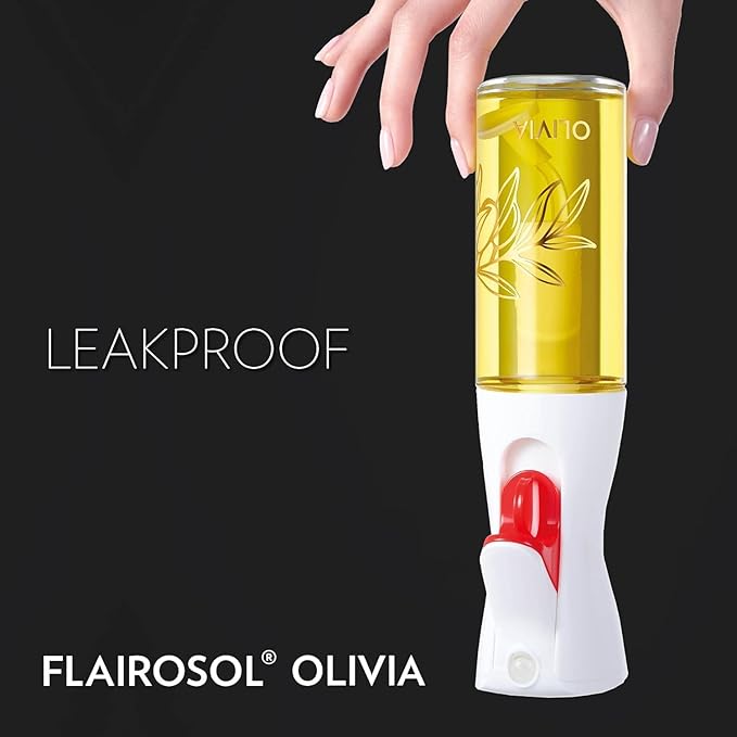 FLAIROSOL OLIVIA SIGNATURE Oil Sprayer, 130ml Glass, Golden Leaves | Portion control mist for air fryer, salad, BBQ, refillable & reusable, fine mist olive oil kitchen sprayer, anti-drip