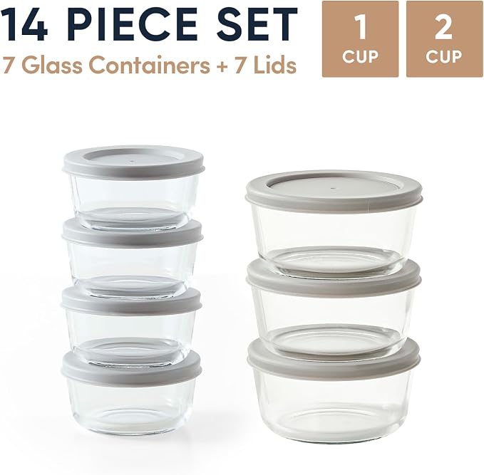14-Piece Glass Food Storage Containers Set (7 Containers + 7 BPA-Free Lids) | 1-Cup & 2-Cup, Leakproof | Microwave, Freezer, Oven & Dishwasher Safe | Ideal for Meal Prep & Pantry Organization, Grey