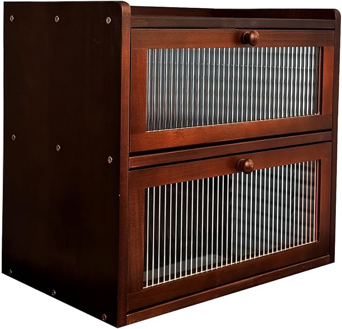 Double 2 Layer Large Bread Box for Kitchen Counter, Wooden Bread Storage Container Organizer Holder with Acrylic Window (brown)