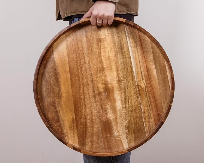 Large Ottoman Tray, 22" Big Ottoman Tray for Living Room, Large Serving Tray with Handles for Coffee Table Kitchen Counter,Great Round Wooden Trays with 4 Round Coasters for Appetizers, Dinner