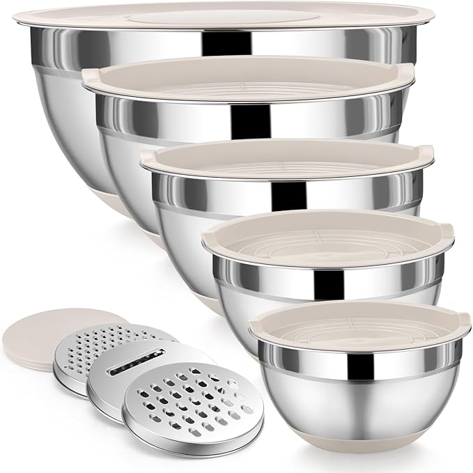 P&P CHEF Mixing Bowls with Lid Set, Nesting Bowl for Storing, Khaki | 5 Piece Stainless Steel Salad Mixing Bowls for Prepping, 3 Grater Attachments & Non-Slip Bottoms, Size 1/1.5/2 / 2.6/4.6 QT