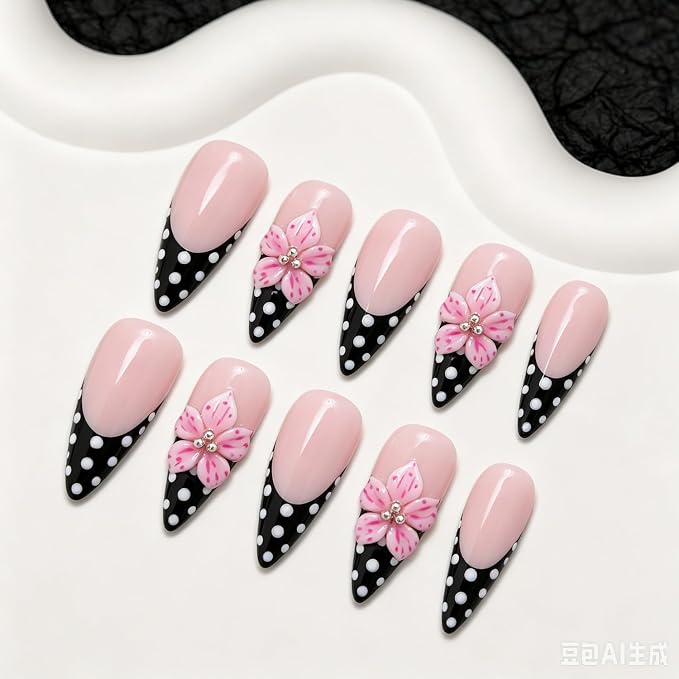 Handmade Press on Nails White Polka Dot Fake Nails Designs Long Stiletto Stick on Nail Full Cover Flower False Nails Hand Made Luxury Thicked Muti-Layer Gel Acrylic Nail for Women (S)