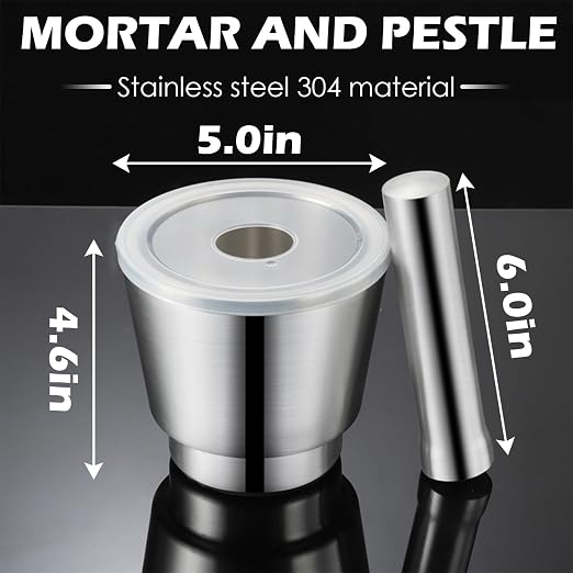 Stainless Steel Mortar and Pestle, Large Capacity 5 Inch Polished Pill Crusher with Lid, Heavy Duty Spice Grinder, Non-Slip Base Grinding Herb Spice Bowl