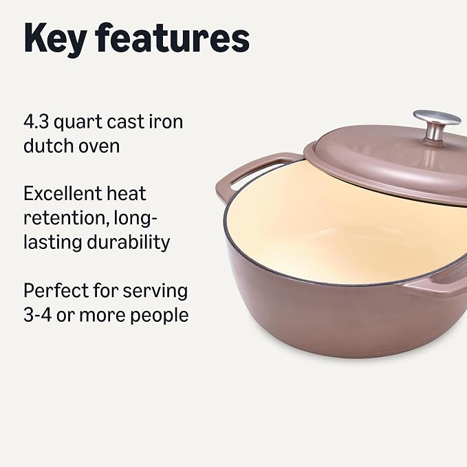 Amazon Basics Cast Iron Dutch Oven Pot with Lid, Enameled, Dual Handles, Heavy-Duty, Small, 4.3-Quart, Clay