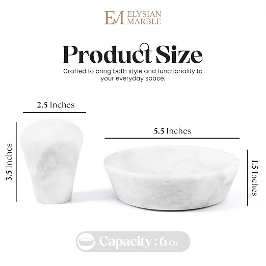 Mortar and Pestle Set, White Marble 5.5 Inch Wide Shallow Mortar with Pestle, Manual Spice Grinder for Herbs, Garlic, Ginger, Pesto, Guacamole, Salsa and Fresh Seasoning