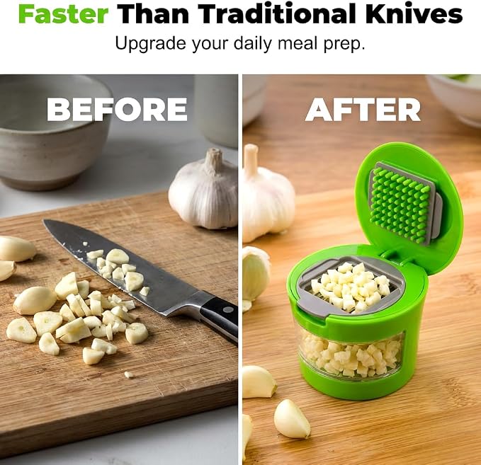 Mini Hand Garlic Mincer and Press with Collection Container (3) | Handheld Stainless Steel Blade Kitchen Gadget for Cooking Food Preparation