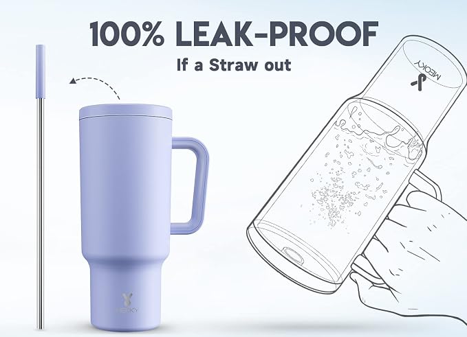 Meoky 40oz Tumbler with Handle, Leak-proof Lid and Straw, Insulated Coffee Mug Stainless Steel Travel Mug, Keeps Cold for 34 Hours or Hot for 10 Hours (Lilac)