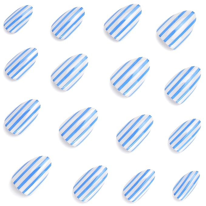 Blue White Press On Nails Short Almond Fake Nails With Stripe Designs | Full Cover False Nails Acrylic Nails Press Ons Reusable Stick On Nail Glossy Glue On Nail For Women 24Pcs