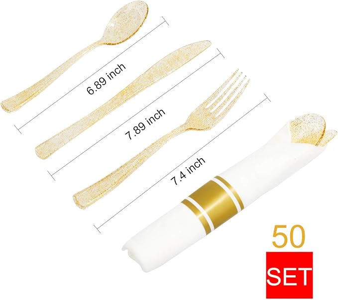 DaYammi 350Pcs Gold Glitter Dinnerware Set 50 Guest for Party Gold Plates Disposable - 50 Dinner Plate,50 Dessert Plate,50 Per Rolled Napkins with Gold Cutlery,50 Plastic Cups 9 OZ for Party Wedding