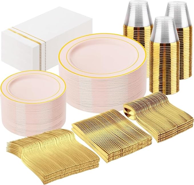 GATHER 350PCS Pink Plastic Plates with Gold Rim for Wedding Baby Shower | Pink Disposable Plastic Dinnerware Set include 100 Plates, 150 Silverware, 50 Napkins, 50 Cups for Party Birthday
